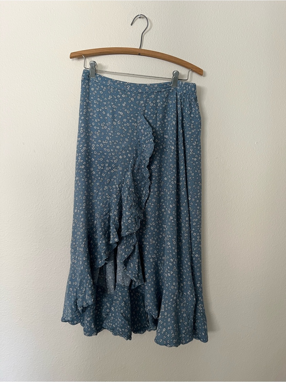 Boheme Dusty Blue Floral Ruffle Midi Skirt